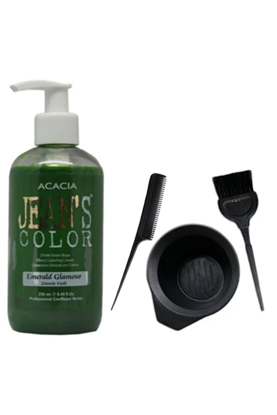 Jeans Color Saç Boyası Zümrüt Yeşili 250 ml ve Fluweel Saç Boya Kabı Seti