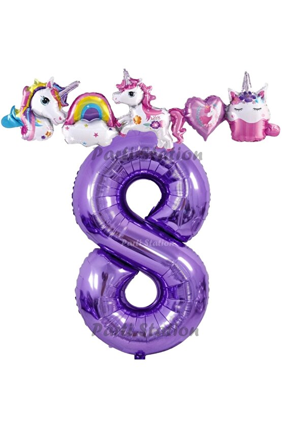 Mor Renk Rakam Balonlu Unicorn 8 Yaş Doğum Günü Parti Balon Set Unicorn Tema Lila Renk Parti Seti
