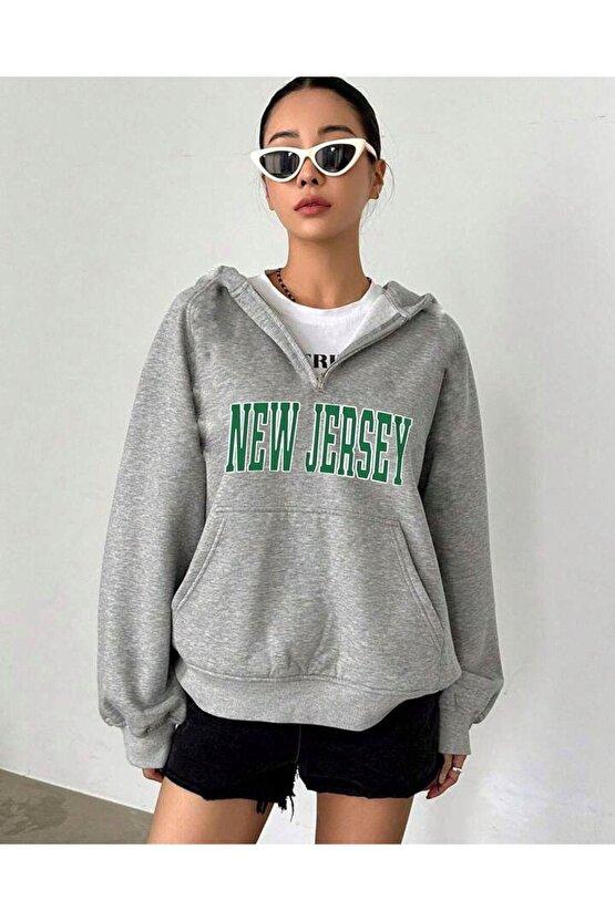 Kadın Oversize Kapşonlu Gri Yarım Fermuarlı NEW JERSEY Baskılı Sweatshirt