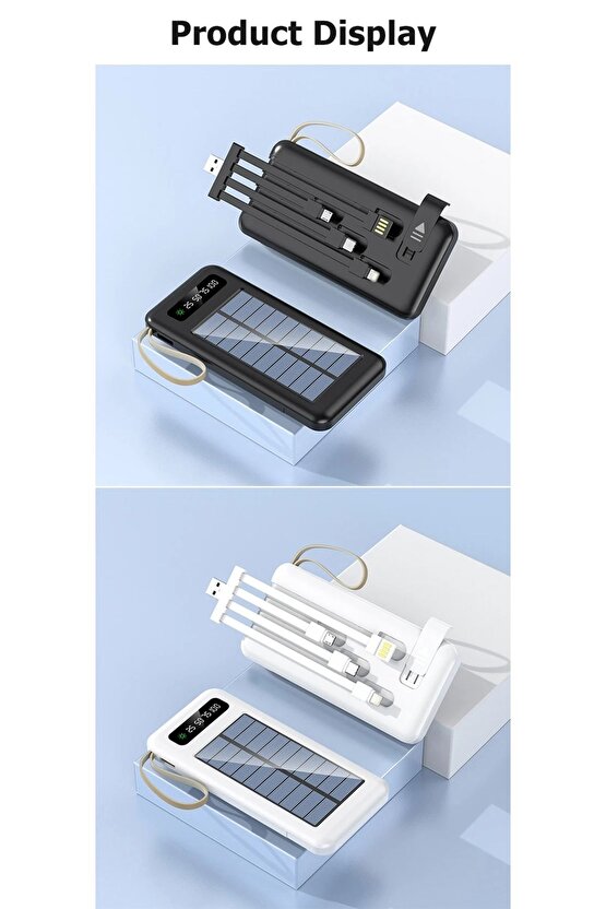 20000 mah solar powerbank güneş enerjili usb çıkışlı kablolu led ışıklı taşınabilir şarj