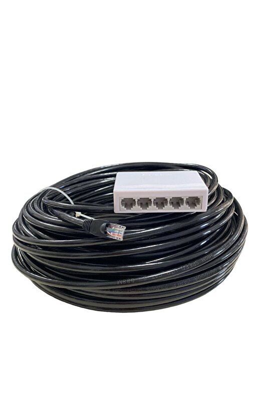 5 Port Switch Hub Dağıtım Kutusu Çoklayıcı Kablolu+2*5 Metre İnternet Kablosu Cat6 Siyah