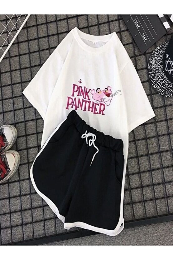 Kadın Oversize Pink Panter Baskılı Şort-tişört Takım