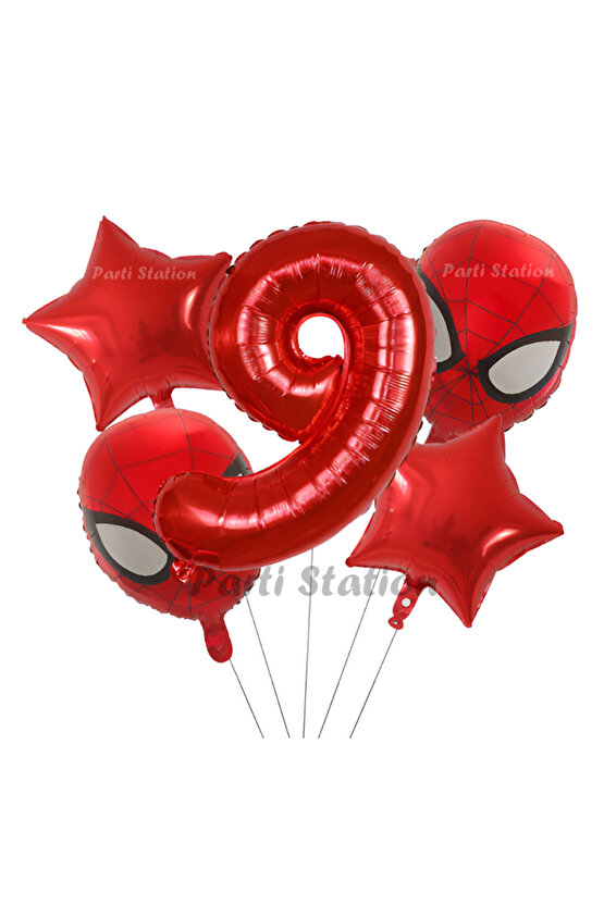 Spiderman Örümcek Adam 9 Yaş Balon Set Spiderman Konsept Kırmızı Rakam Balon Doğum Günü Set