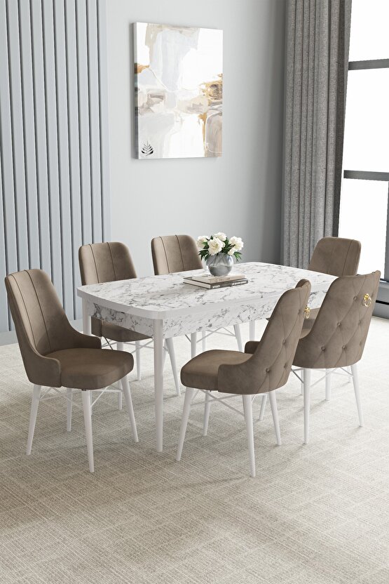 Loft Beyaz Mermer Desen 80x132 Açılabilir Yemek Odası Takımı 6 Adet Sandalye