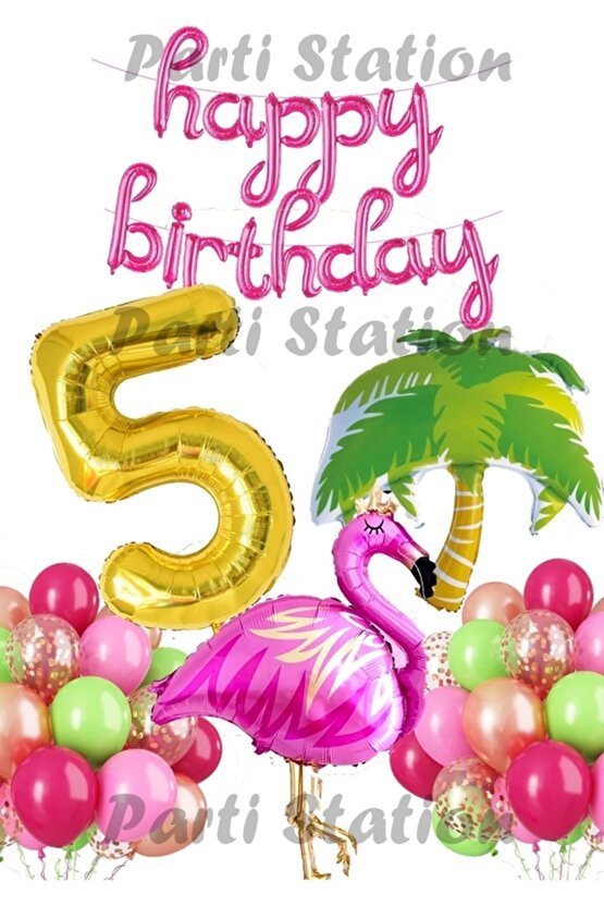 Tropikal Konsept Parti Flamingo 5 Yaş Doğum Günü Balon Seti Yaz Temalı Tropikal Flamingo Parti