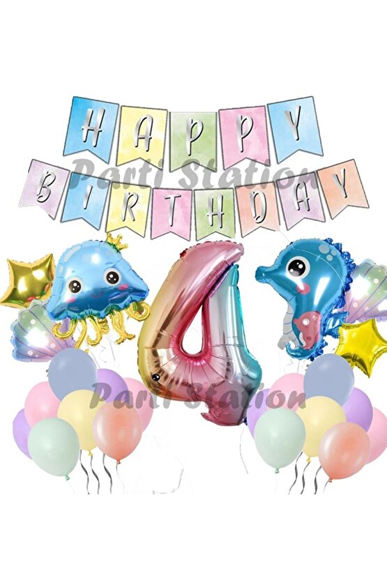 Okyanus Hayvanları Deniz Canlıları 4 Yaş Balon Set Deniz Anası Deniz Atı Happy Birthday Balon Set