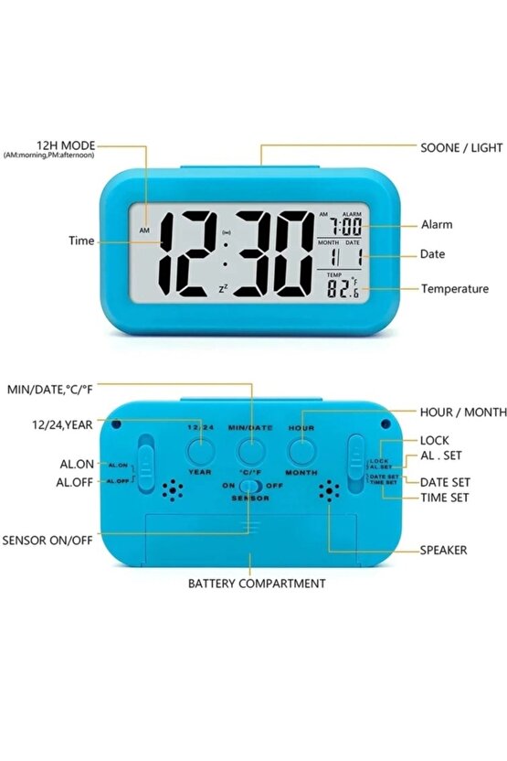 Alarmlı Lcd Ekranlı Dijital Masa Saati Alarmlı Termometreli Led Işıklı Takvimli