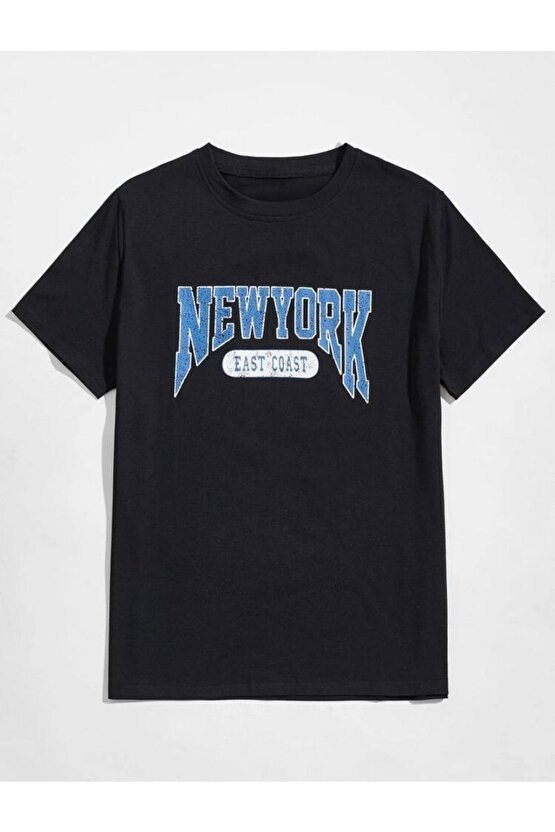 Erkek Oversize Mavi Newyork Baskılı Siyah Tshirt