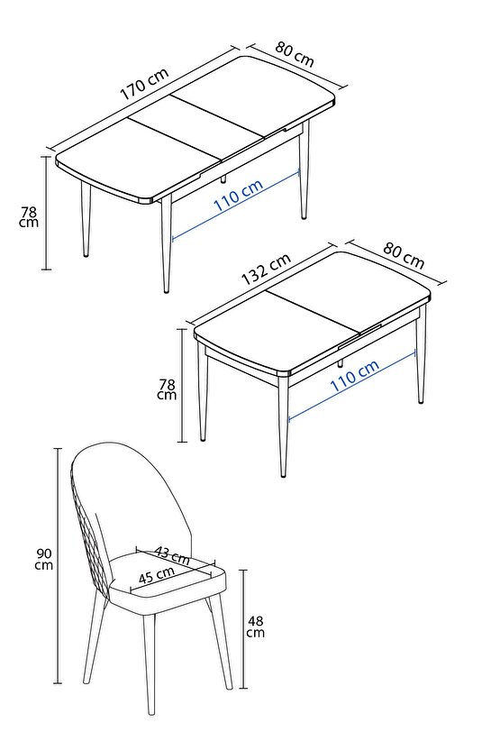 Milas Siyah Mermer Desen 80x132 Mdf Açılabilir Yemek Masası Takımı 6 Adet Sandalye