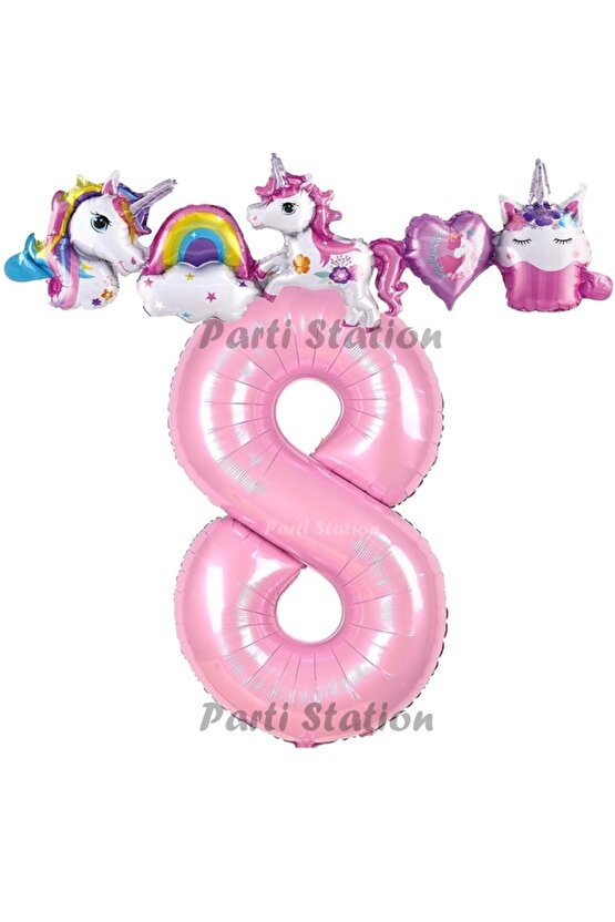 Pembe Renk Rakam Balonlu Unicorn 8 Yaş Doğum Günü Parti Balon Set Pembe Renk Unicorn Tema Parti Seti
