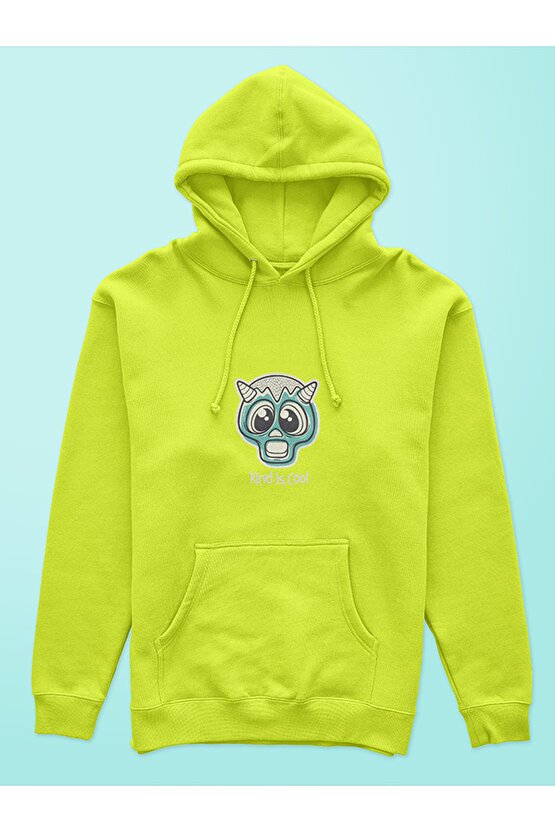 Monster Serisi Canavar Baskılı Tasarım 3 Iplik Kalın Neon Sarı Hoodie Sweatshirt