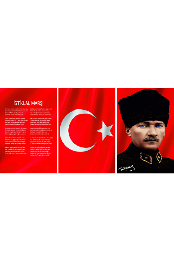 Atatürk, Türkiye Bayrağı ( Ay Yıldız Bayrak ) İstiklal Marşı Üçlü Kombin Cam Tablo Dekoru