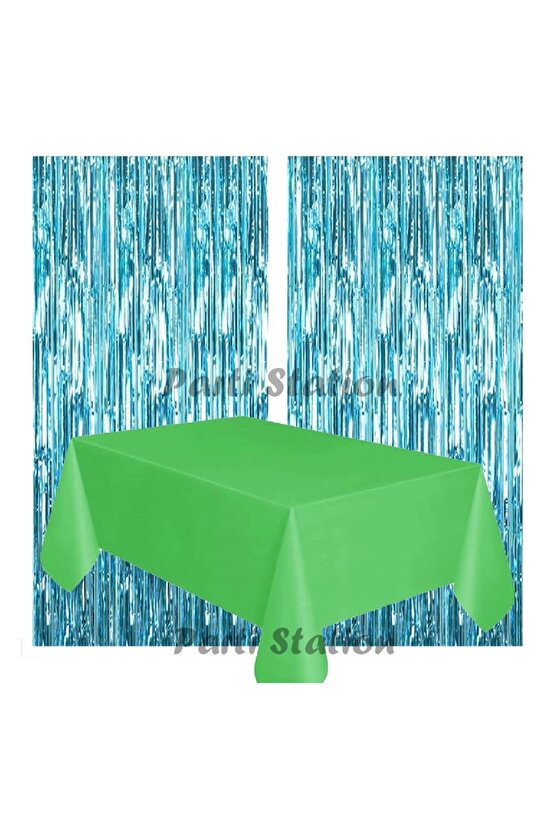 2 Adet Mavi Renk Metalize Arka Fon Perdesi ve 1 Adet Plastik Yeşil Renk Masa Örtüsü Set