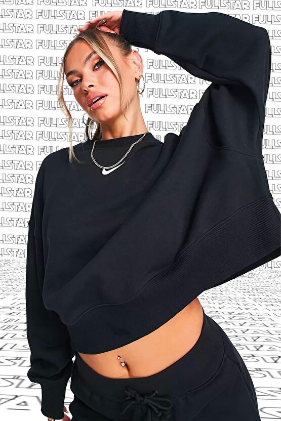 Sportswear Essential Collection Fleece Oversized Crew Kadın Sweatshirt Siyah