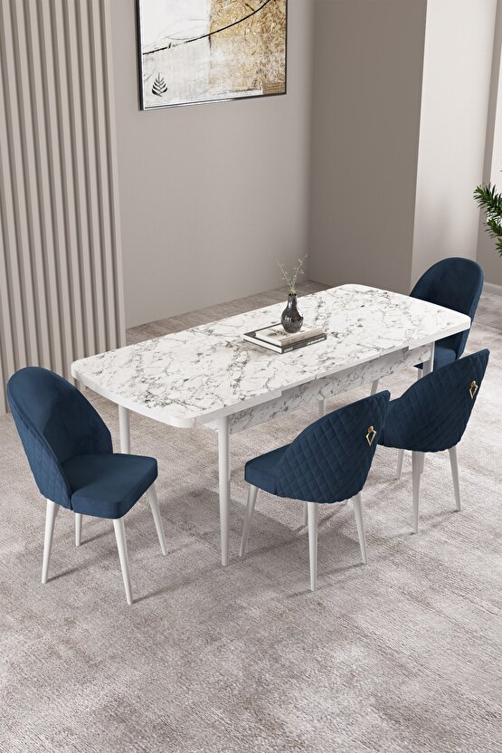 Milas Beyaz Mermer Desen 80x132 Mdf Açılabilir Yemek Masası Takımı 4 Adet Sandalye