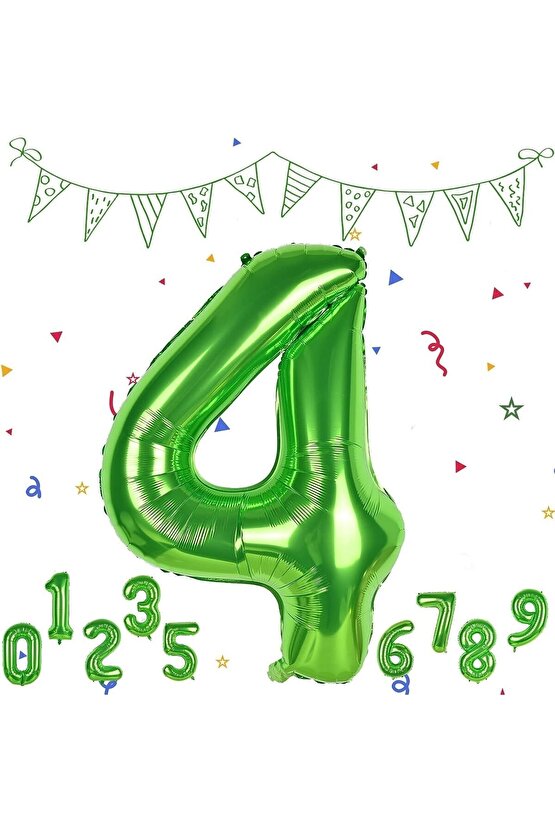 4 Yaş Yeşil Renk Rakam Folyo Balon 4 Dört Rakam Yeşil Renk Helyum Uçan Balon 100 Cm Rakam Balon