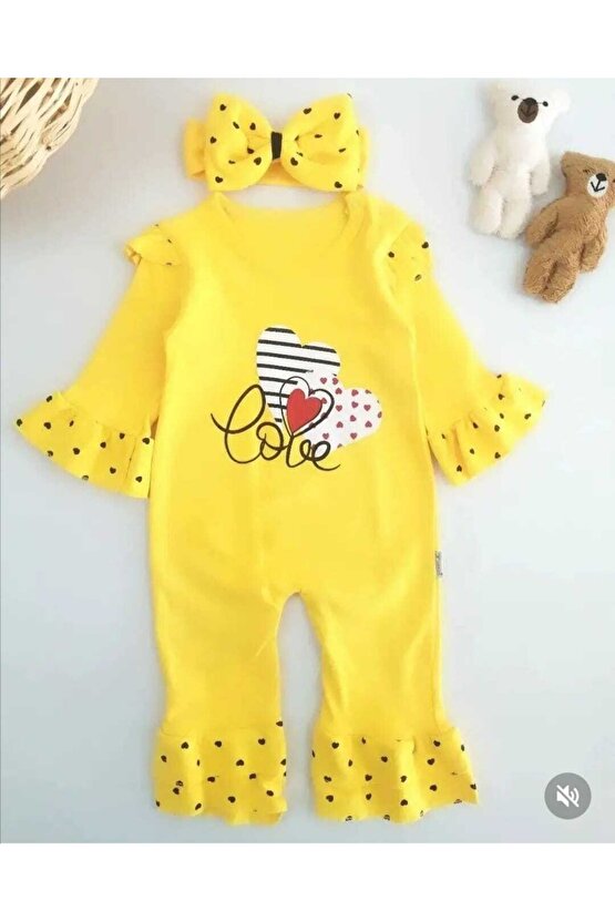 Kız Bebek Bandanalı Puantiyeli Love Tulum Sarı