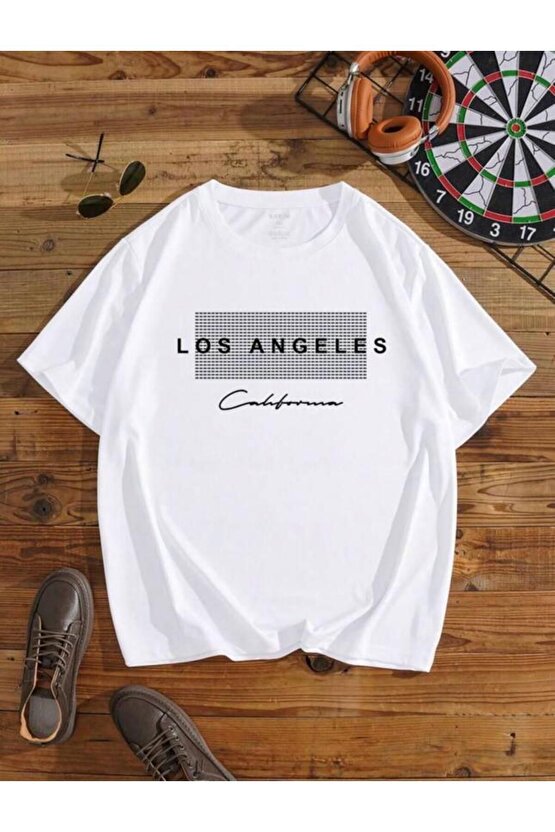 Unisex Beyaz Los Angeles California Baskılı Bisiklet Yaka Oversize Tişört