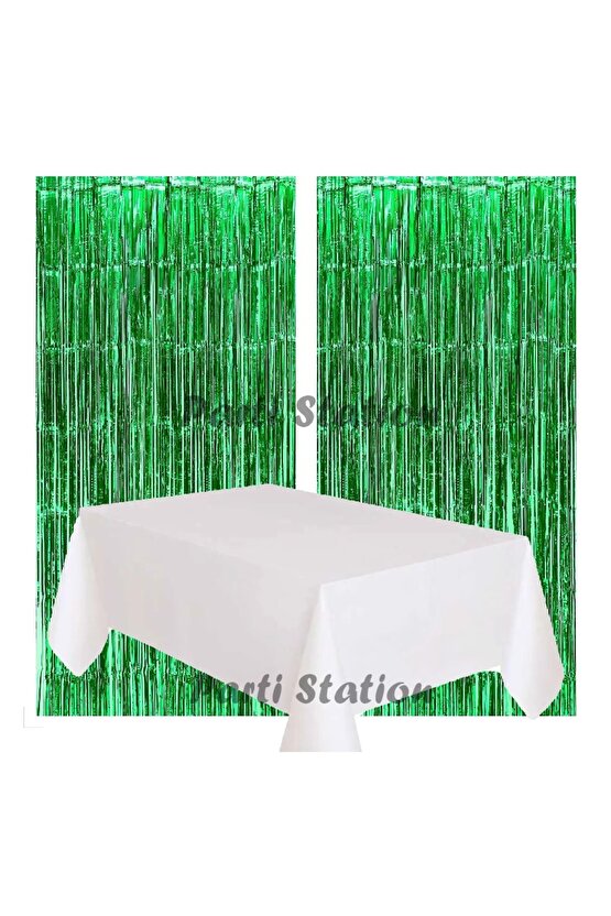 2 Adet Yeşil Renk Metalize Arka Fon Perdesi ve 1 Adet Plastik Beyaz Renk Masa Örtüsü Set