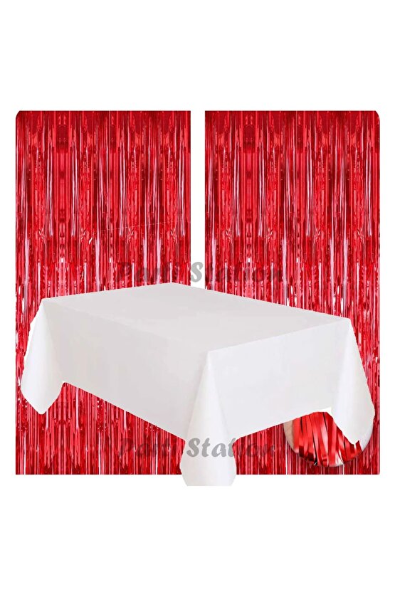 2 Adet Kırmızı Renk Metalize Arka Fon Perdesi ve 1 Adet Plastik Beyaz Renk Masa Örtüsü Set