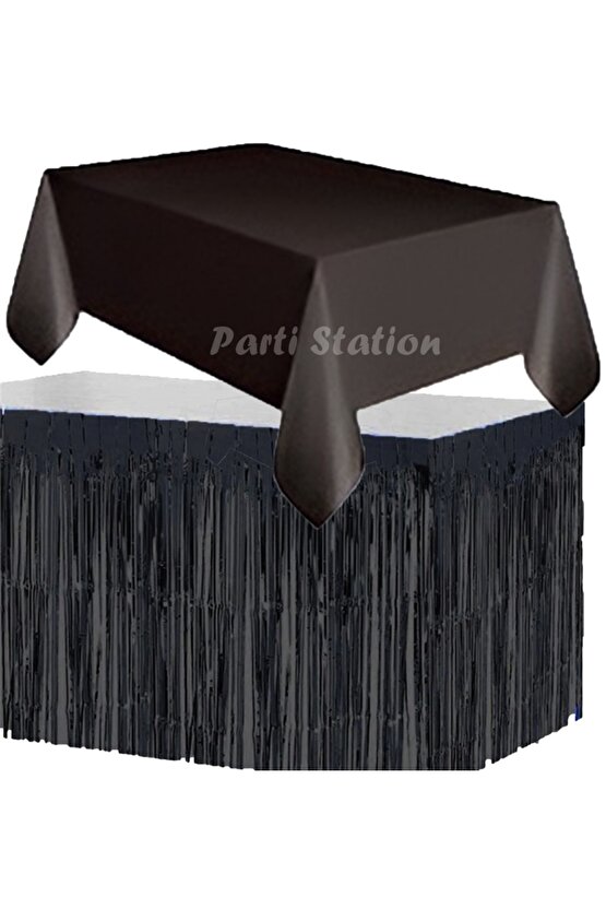 Masa Örtüsü ve Masa Eteği Set Plastik Siyah Renk Masa Örtüsü Siyah Renk Metalize Masa Eteği Set