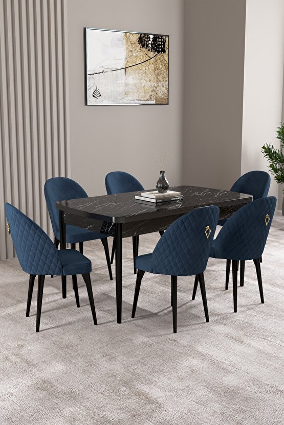 Milas Siyah Mermer Desen 80x132 Mdf Açılabilir Mutfak Masası Takımı 6 Adet Sandalye