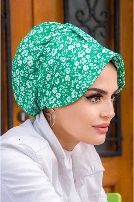 Yeşil Papatya Desenli Şapka