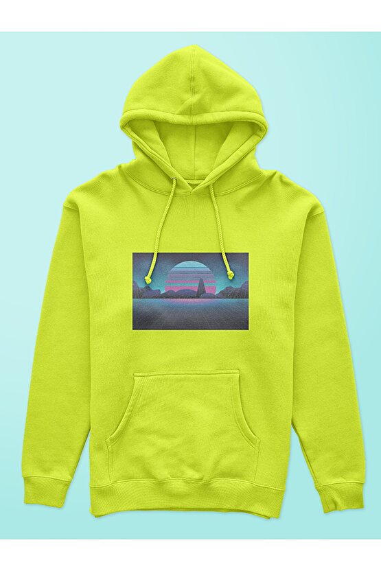 Vapor Wave City2 Design Baskılı Tasarım 3 Iplik Kalın Neon Sarı Hoodie Sweatshirt