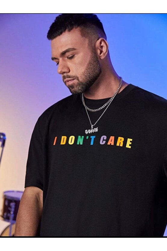 Erkek Oversize I Dont Care Baskılı Siyah Tshirt