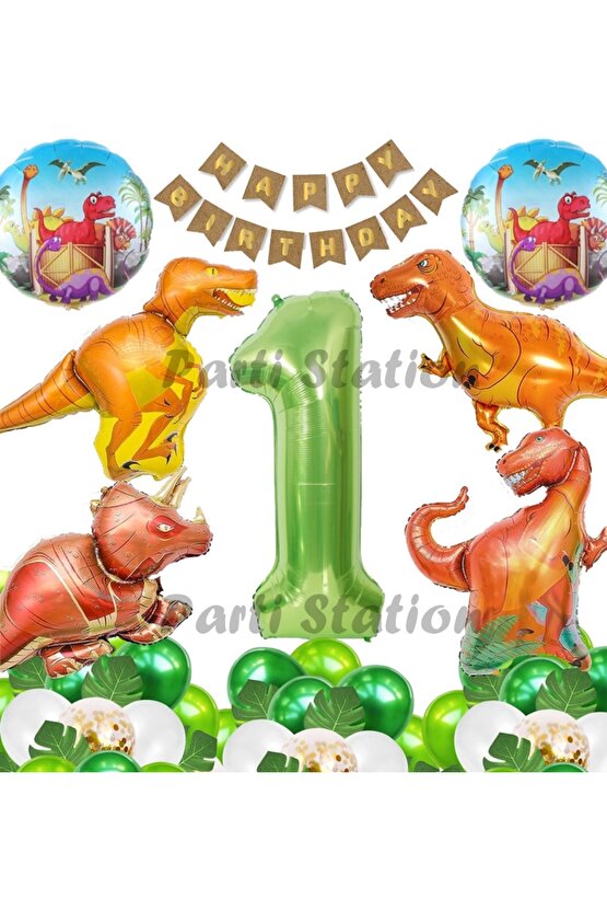 Orman Tema Jurassic Park Dinozor Konsept Yeşil Rakam Balon 1 Yaş Dev Balonlu Doğum Günü Balon Set