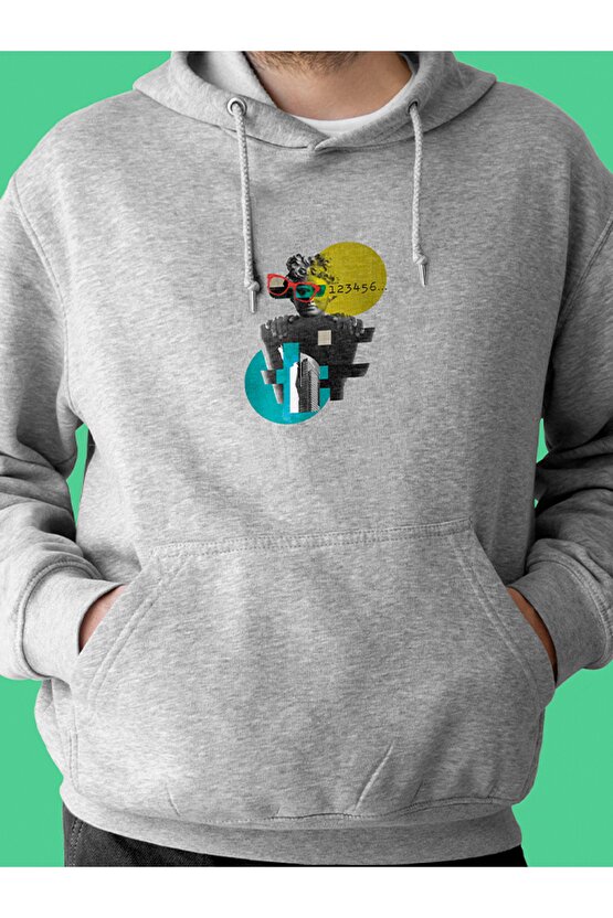 Sanat Baskılı Tasarım 2 Iplik Şardonlu Gri Hoodie Sweatshirt