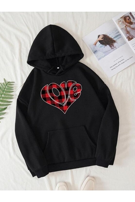 Kapşonlu Oversize Love Baskılı Sweatshirt