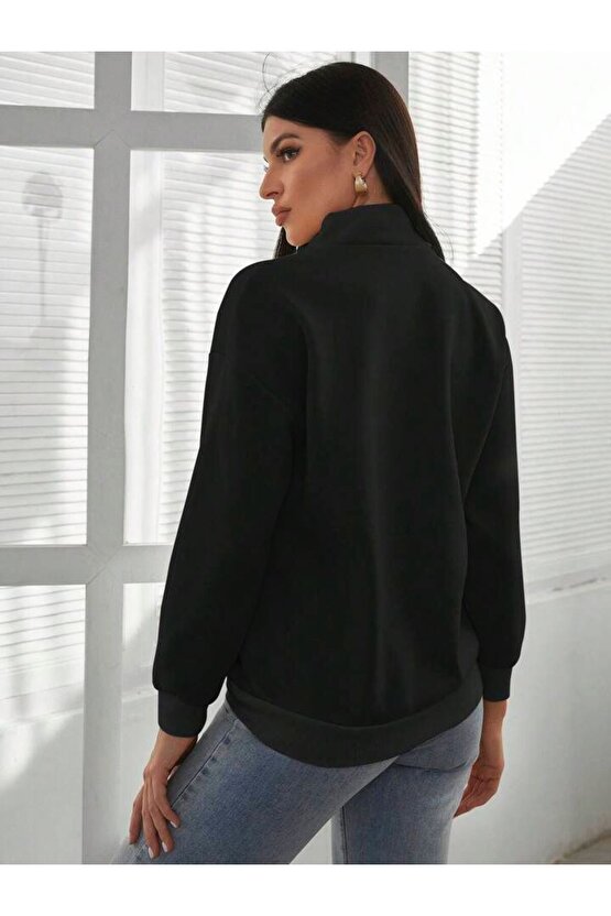 Kadın Siyah Yarım Fermuarlı Malibu Baskılı Dik Yaka Sweatshirt
