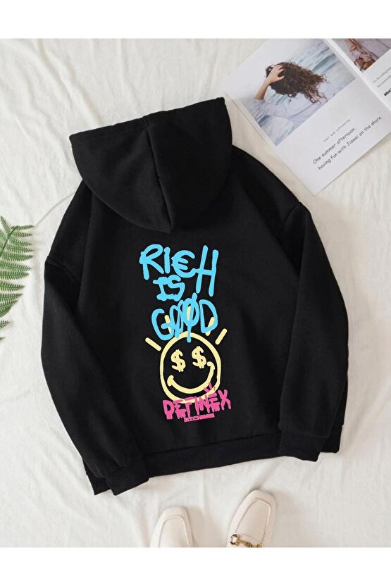 Kapşonlu Oversize Rich Is Good Tasarım Sweatshirt