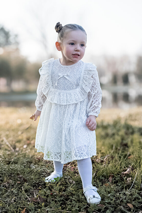 Kız Bebek Elbise Kız Çocuk Elbise Doğum Günü Parti Düğün Elbise Uzun Kol Astarlı Dantelli Bebek Giyi