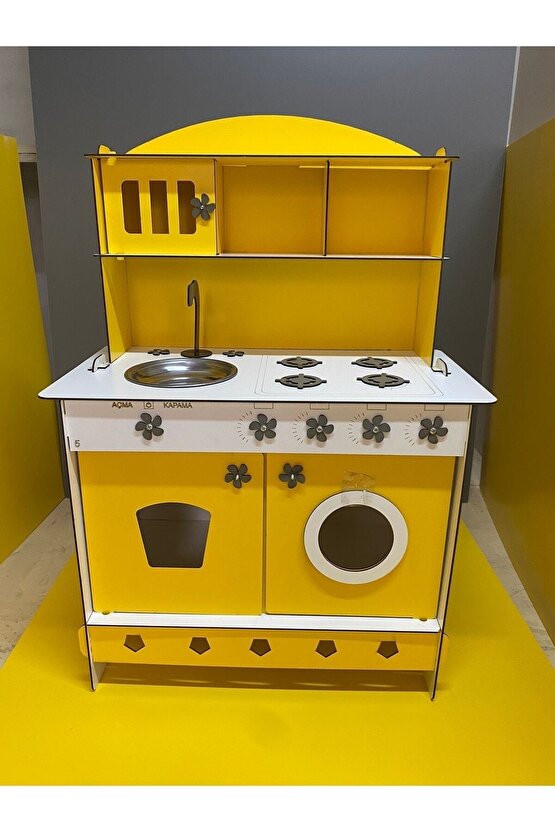 Montessori Eğitici Ahşap Oyuncak Mutfak Dolabı Sarı 3mm