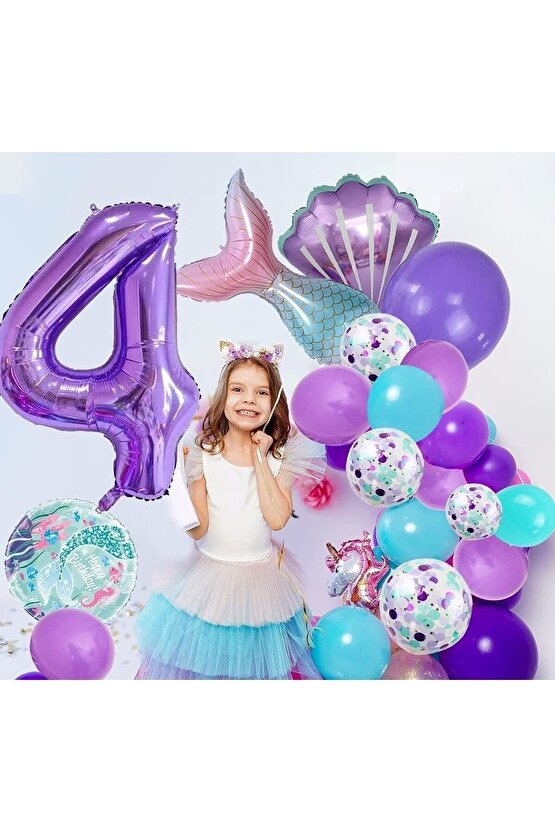 Mor Rakam Balon 4 Yaş Deniz Kızı Temalı Doğum Günü Parti Kutlama Seti Konsept 1
