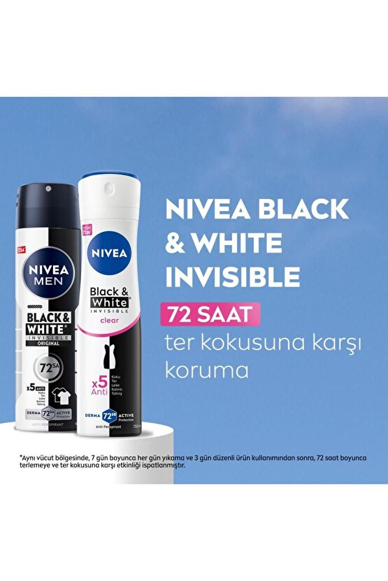 Kadın Sprey Deodorant Black&White Invisible Clear 150ml, 72 Saat Anti-perspirant Koruma