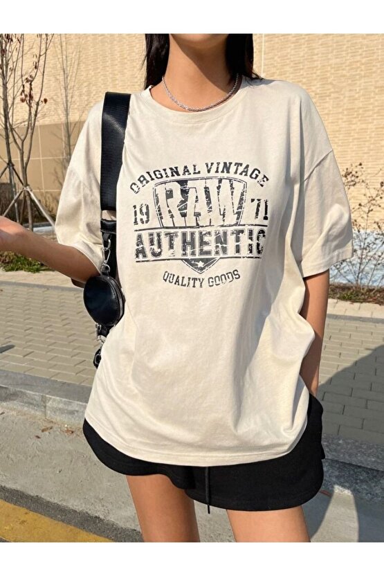 Kadın Oversize Original Vintage Baskılı Beyaz Tshirt