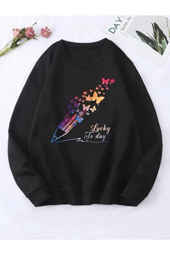 Siyah Kadın Lucky To Day Tasarım Bisiklet Yaka Sweatshirt