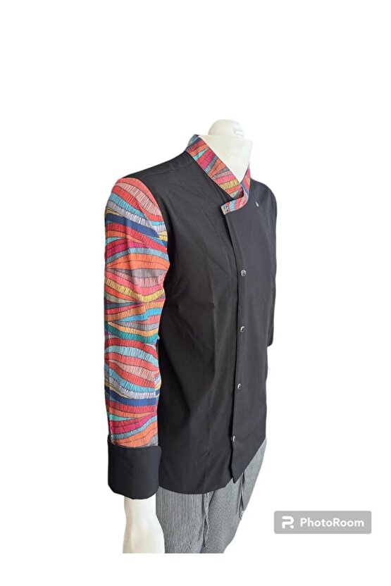 Siyah Renk Geometrik Desenli Aşçı Ceket Chef Master Ceketi Mutfak kıyafeti Mutfak Uzun kollu Ceketi