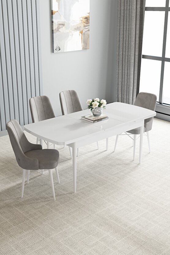 Beyaz 80x132 Açılabilir Mutfak Masası Takımı 4 Adet Sandalye