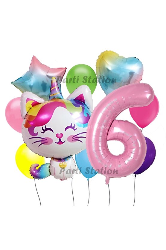Unicorn Kedi Kitty Konsept 6 Yaş Doğum Günü Parti Balon Set Sevimli Unicorn Kedi Tema Parti Set