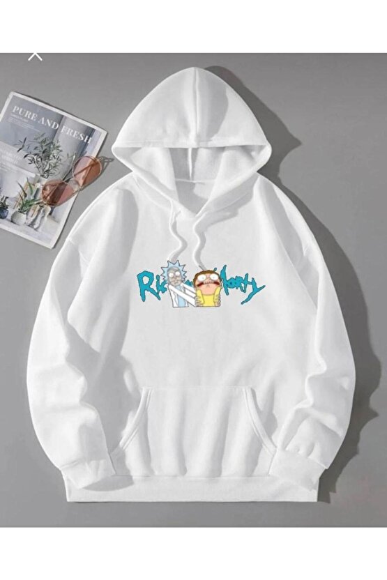 Kapşonlu Oversize Rick&morty Baskılı Beyaz Sweatshirt