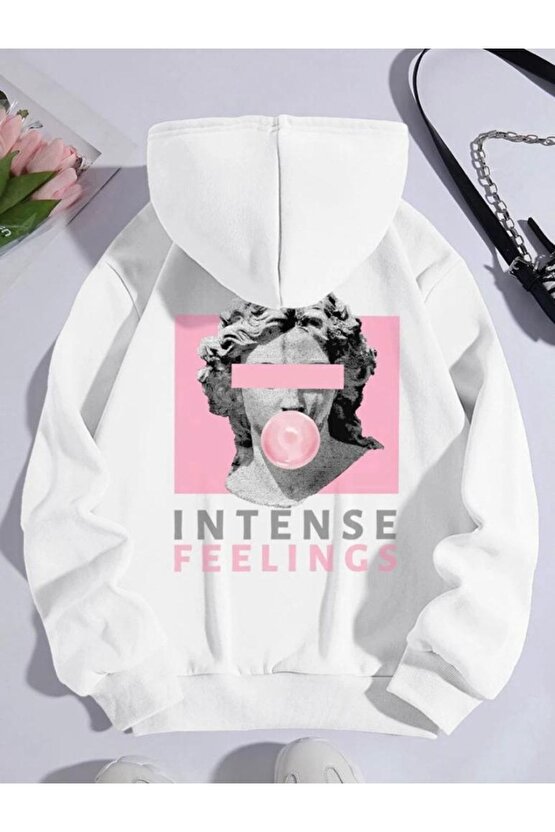 Kapşonlu Oversize Intense Feelings Sırt Detaylı Beyaz Sweatshirt