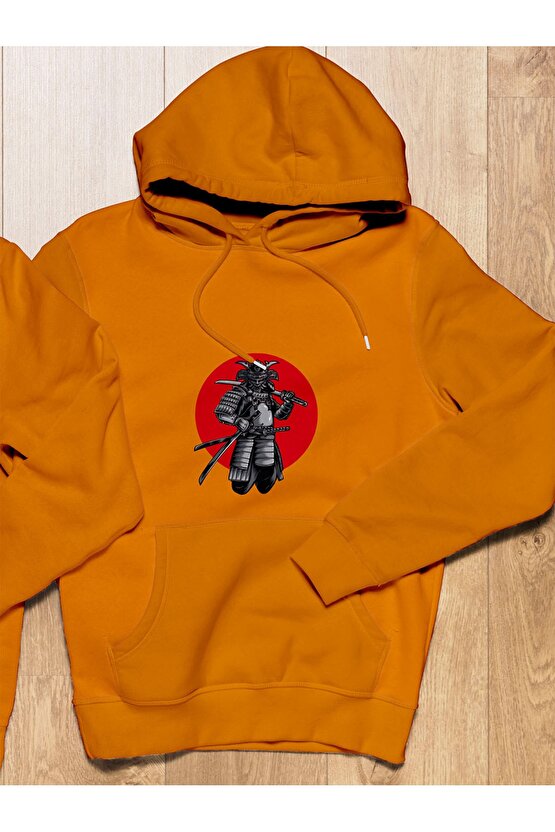 Samurai Baskılı Anime Oversize Sarı 3 Iplik Kalın Sweatshirt Hoodie