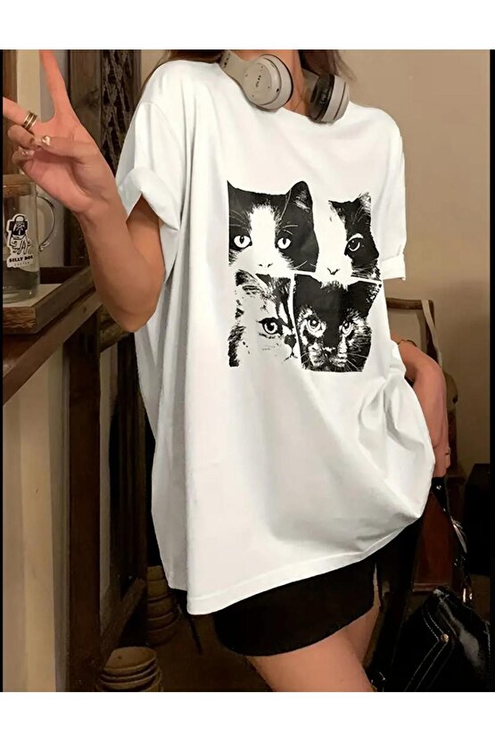 Unisex beyaz kedi Baskılı Bisiklet Yaka Oversize Tişört