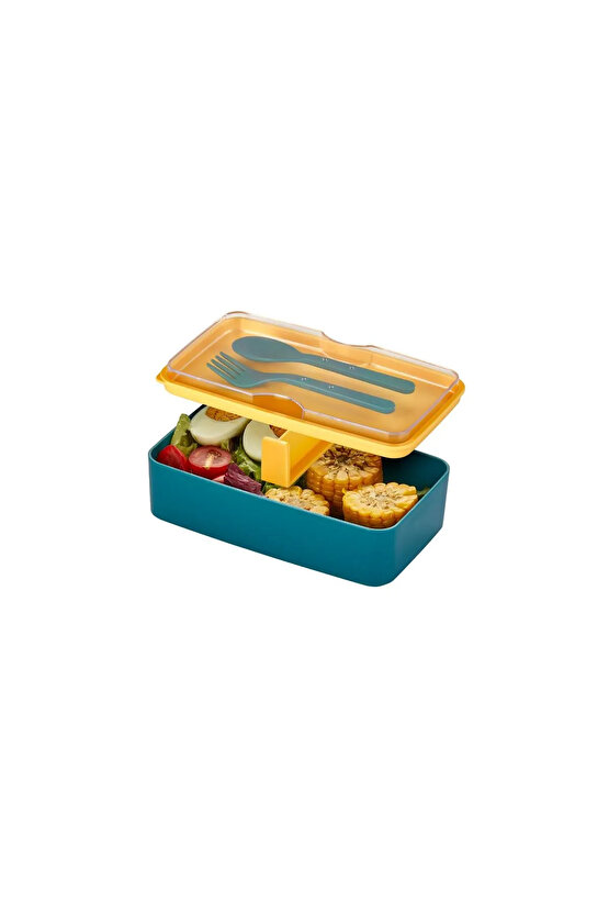 Dikdörtgen Tek Katlı Kaşık Çatallı Lunch Box - Yemek Kabı - Saklama Kabı - Beslenme Kabı