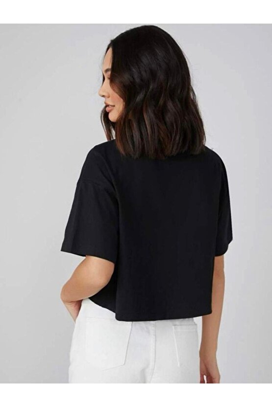 Kadın Oversize Siyah Bisiklet Yaka Crop