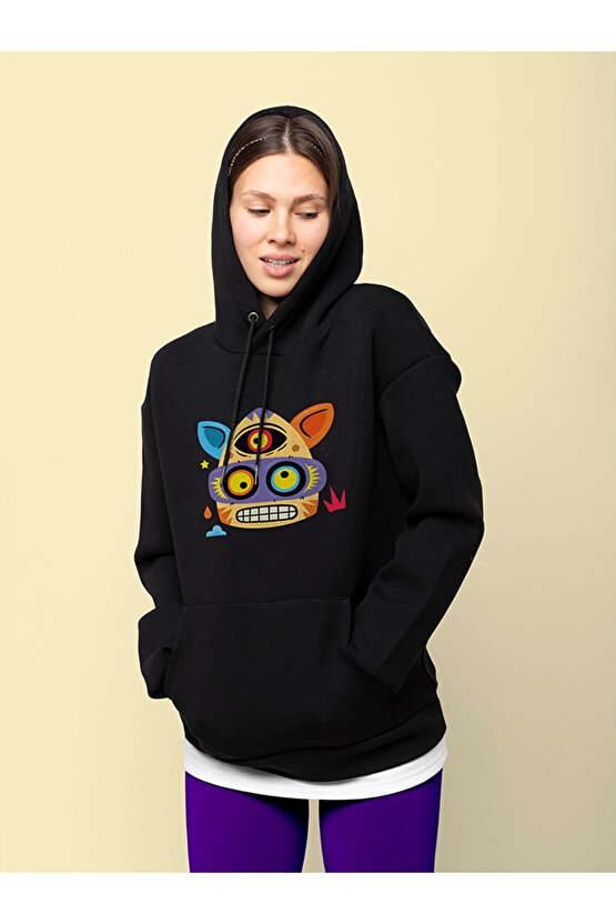 Monster Serisi Kedi Baskılı Tasarım 2 Iplik Şardonlu Gri Hoodie Sweatshirt
